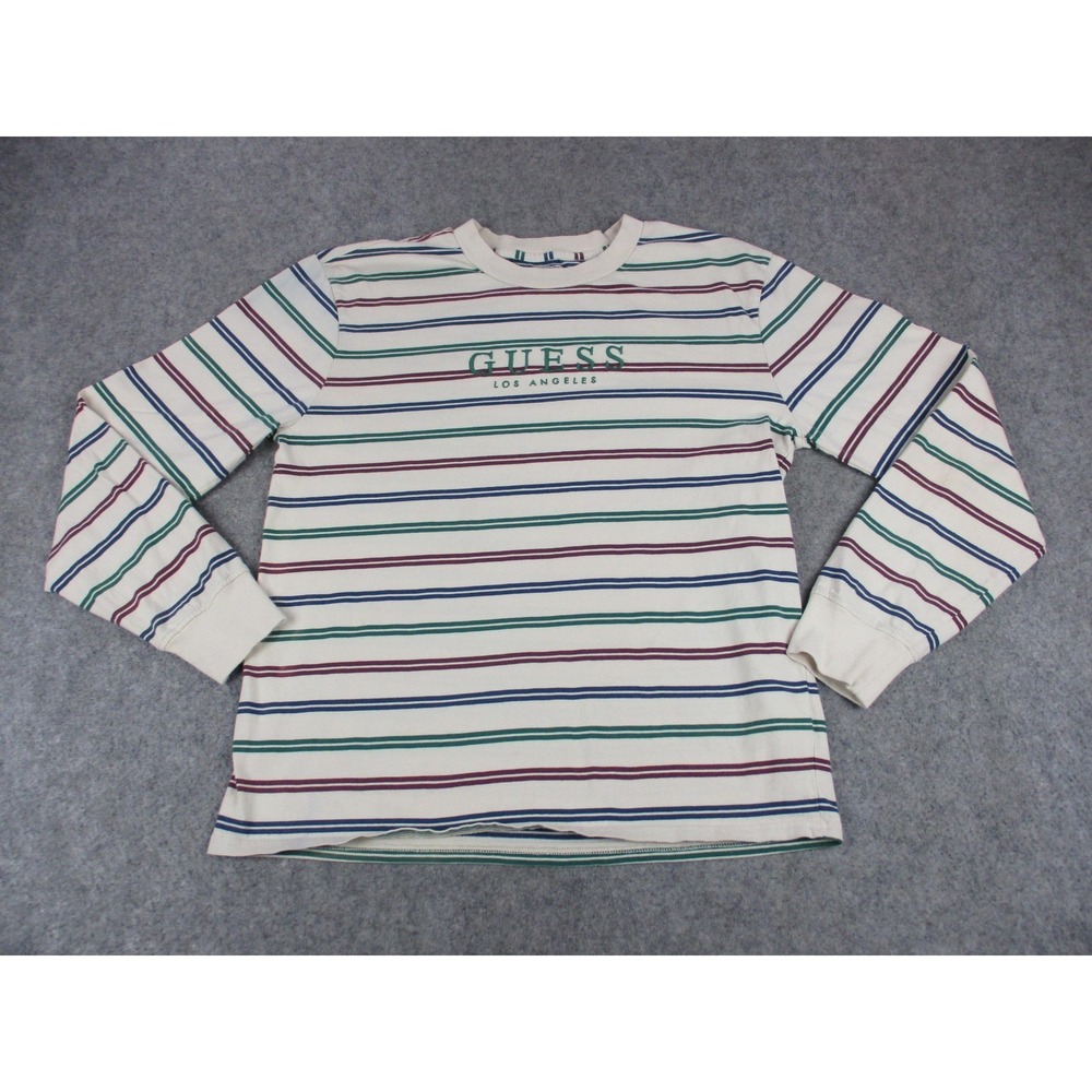 GUESS Shirt Mens Medium Beige Green Striped Embroidered Long Sleeve Travis Scott